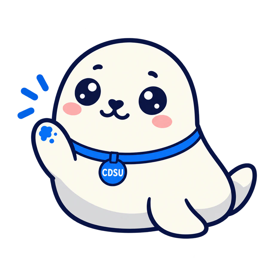 A cute baby seal wearing a CDSU badge and waving
